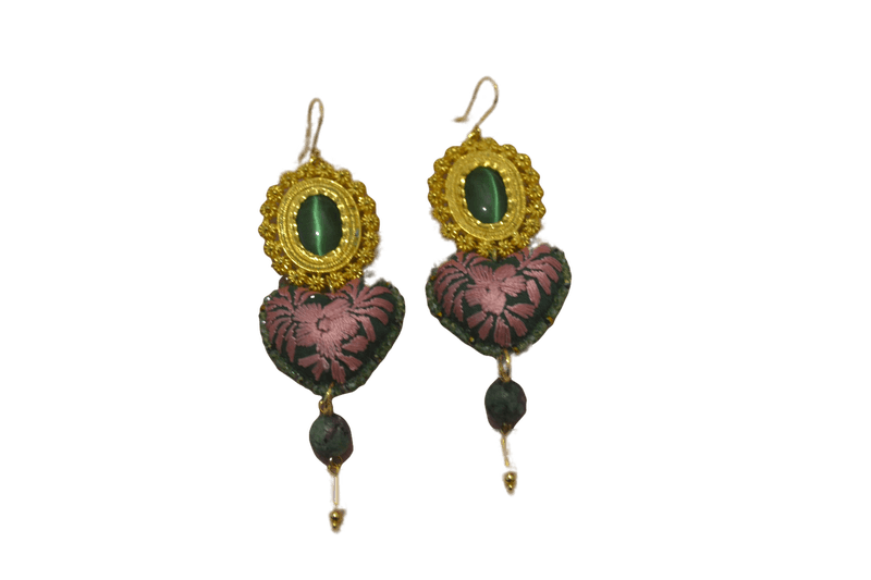 Mexican Statement Earrings - Green Heart