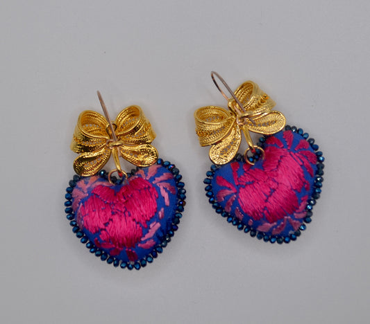 Heart Embroidered Mexican Earrings - Blue & Pink