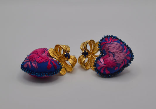 Heart Embroidered Mexican Earrings - Blue & Pink