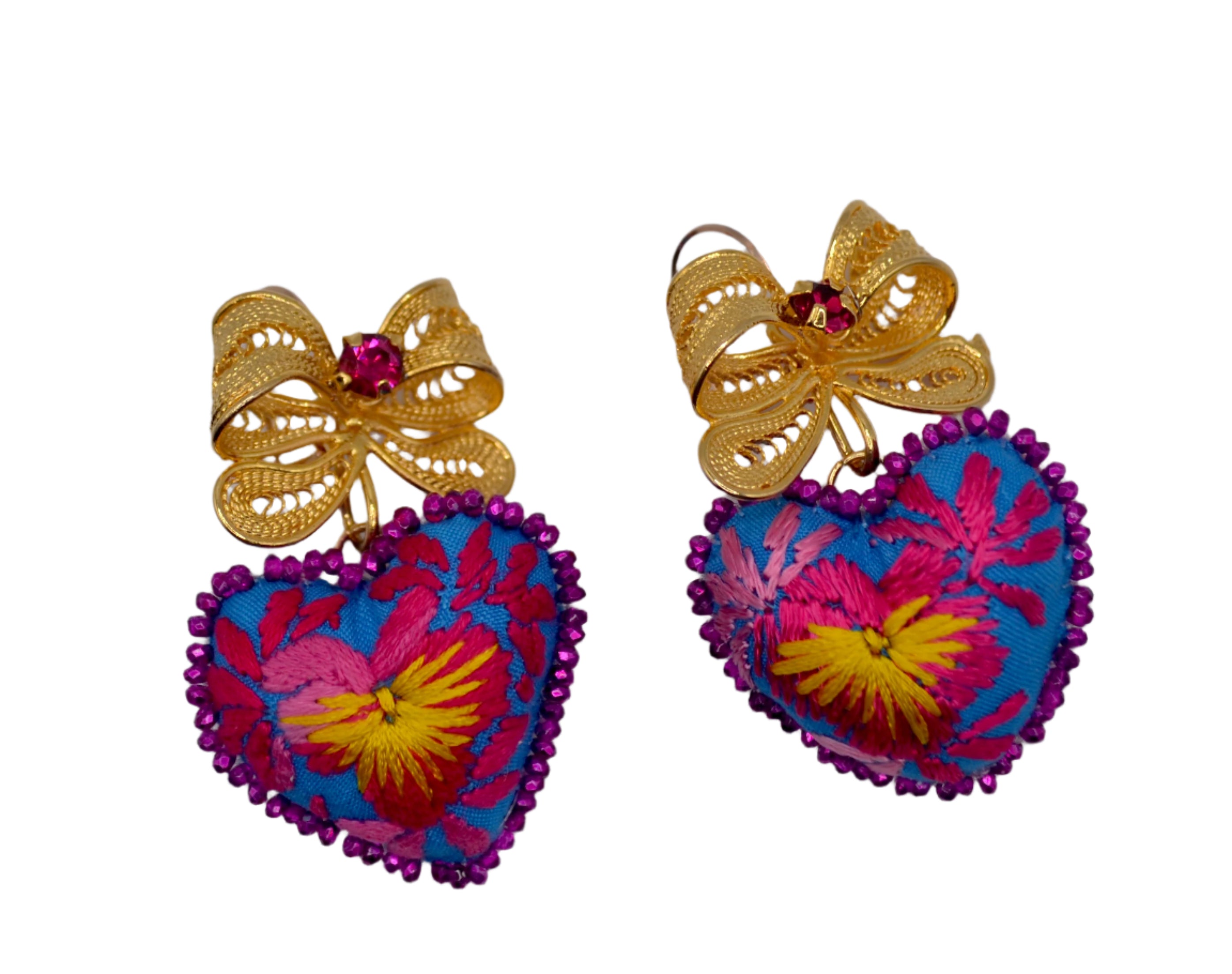 Heart Embroidered Mexican Earrings - Pink & Yellow