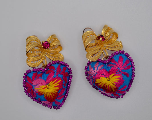 Heart Embroidered Mexican Earrings - Pink & Yellow