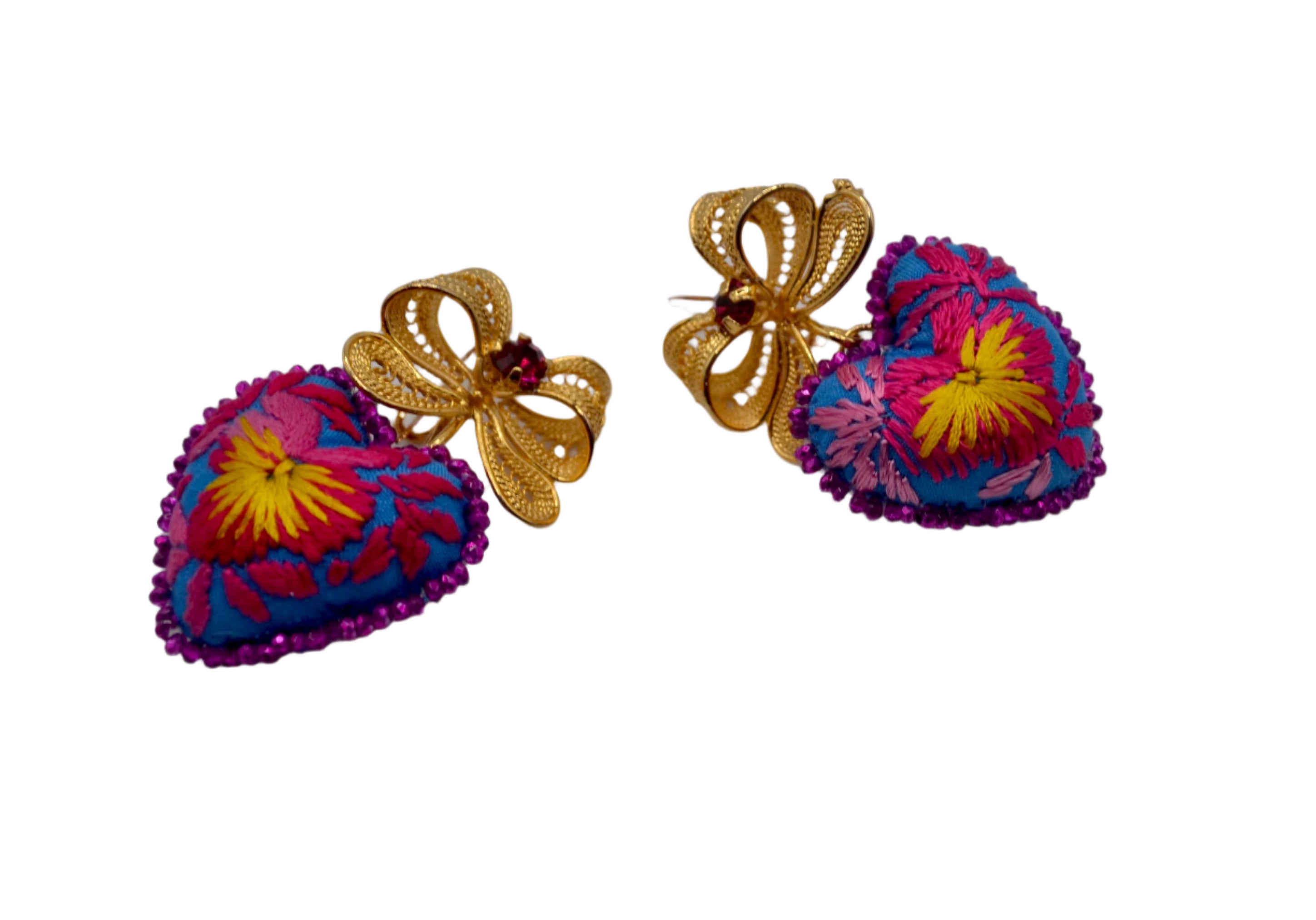 Heart Embroidered Mexican Earrings - Pink & Yellow