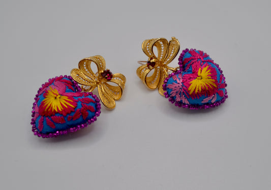 Heart Embroidered Mexican Earrings - Pink & Yellow