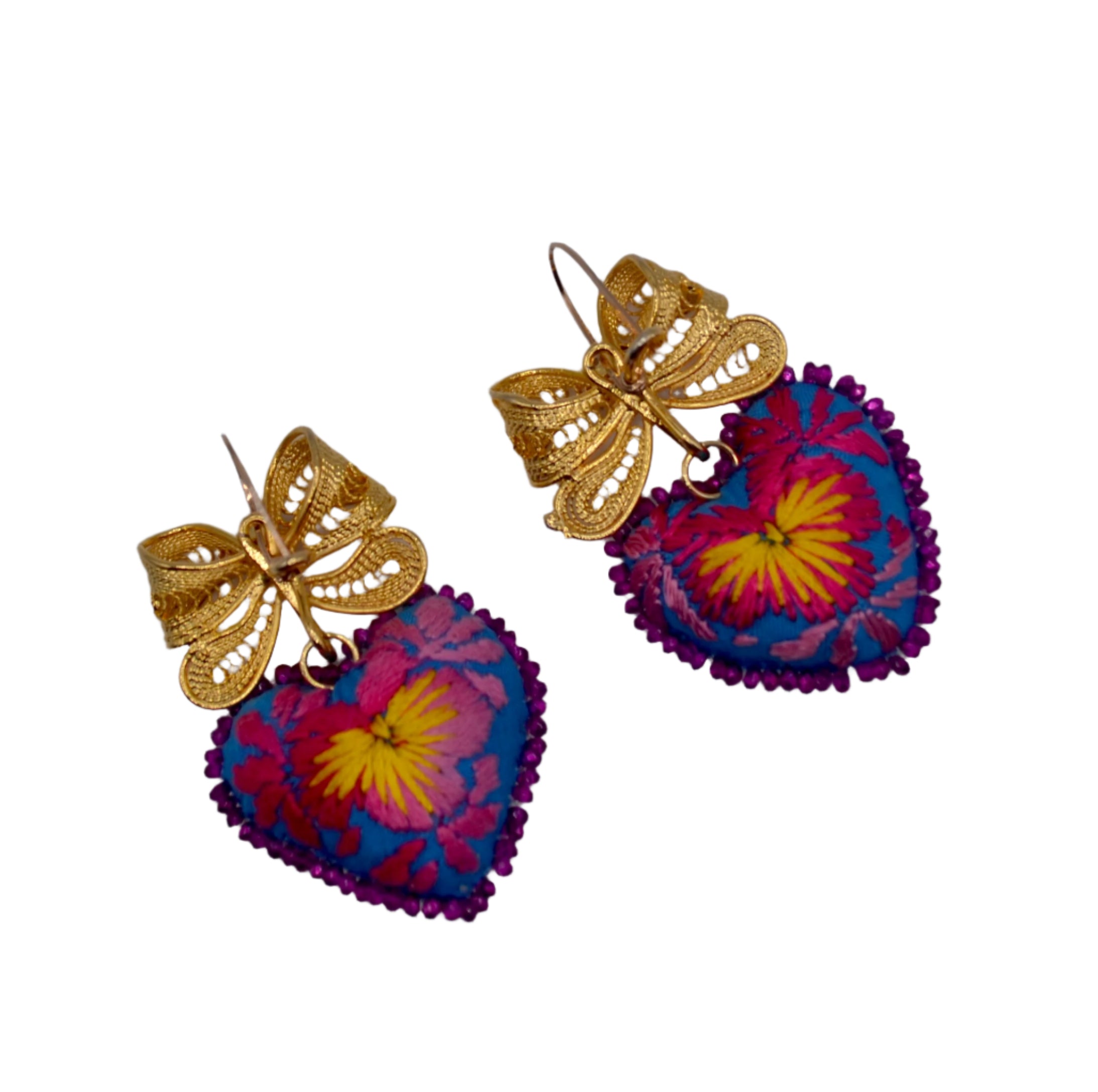 Heart Embroidered Mexican Earrings - Pink & Yellow
