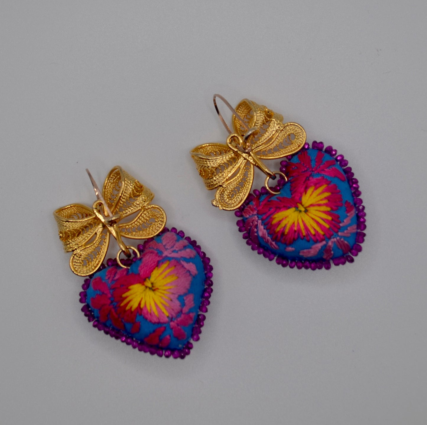 Heart Embroidered Mexican Earrings - Pink & Yellow