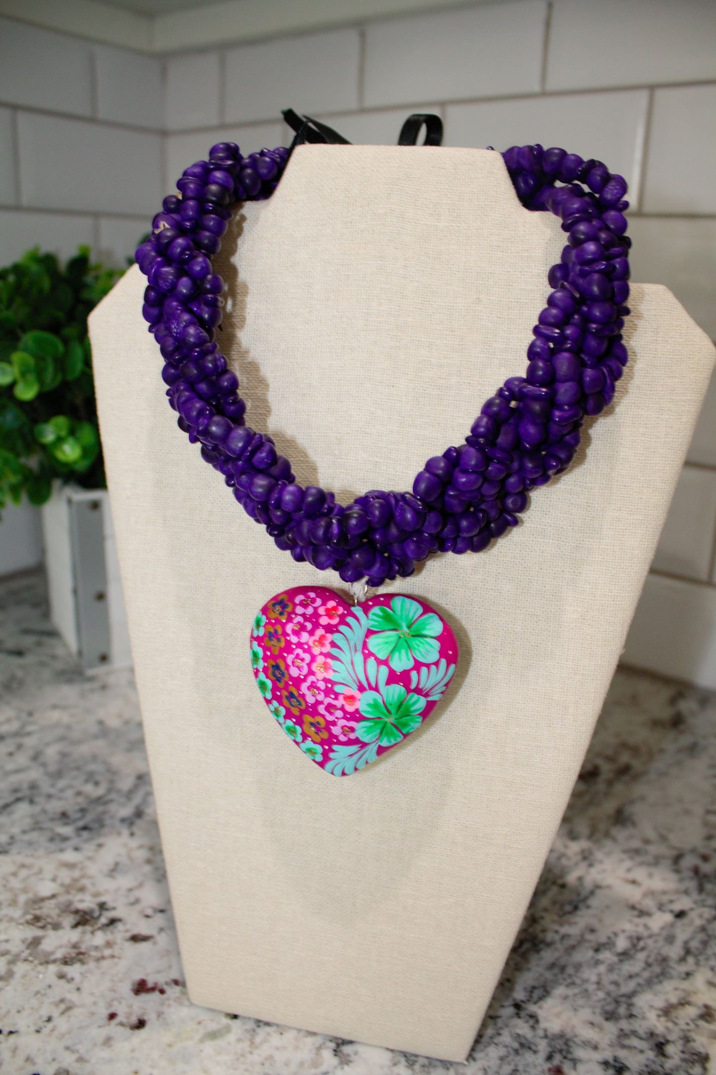 Purple Necklace with Pink Painted Heart