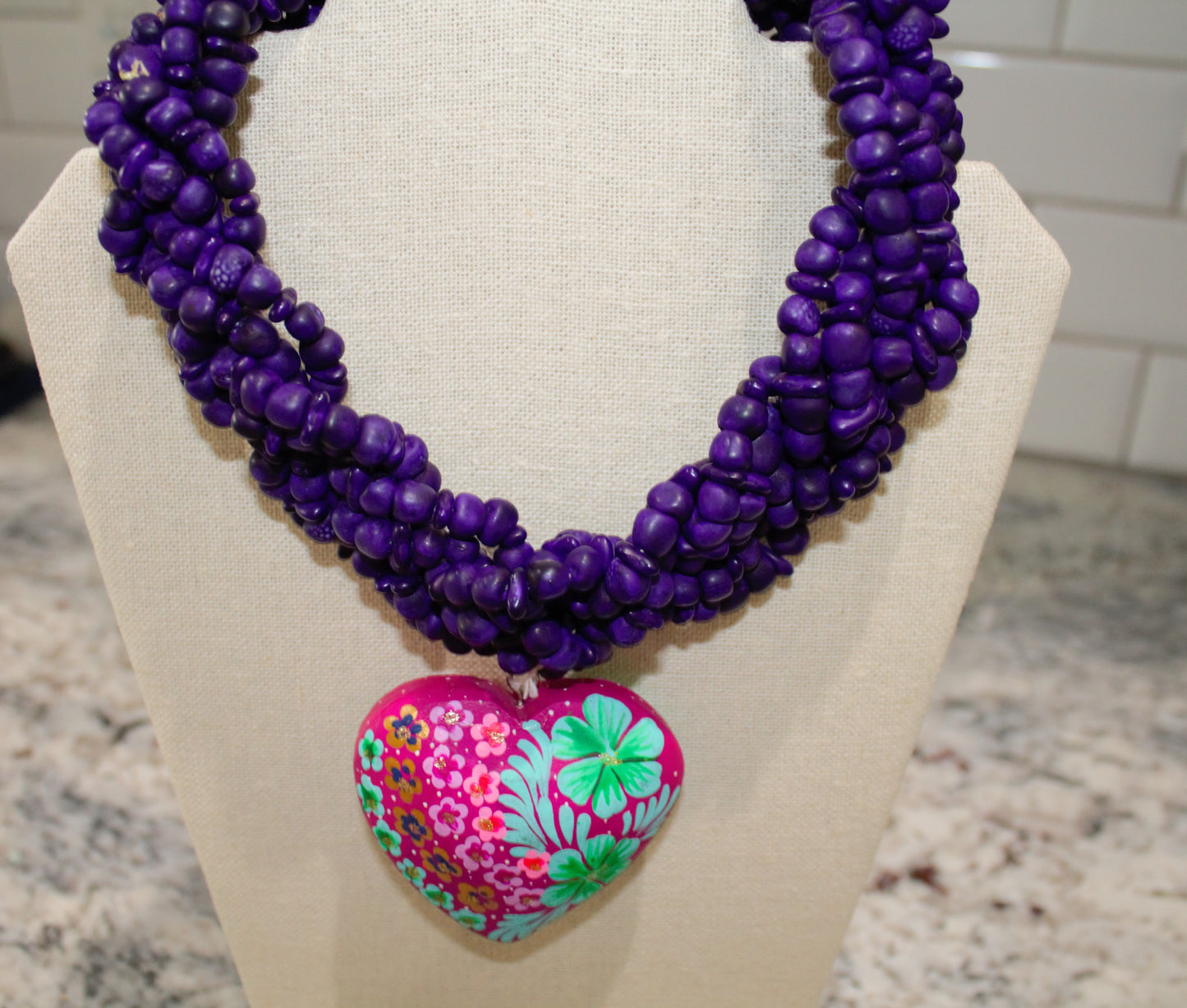 Purple Necklace with Pink Painted Heart