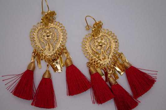 Handmade Earrings Filigree and Red Tassels