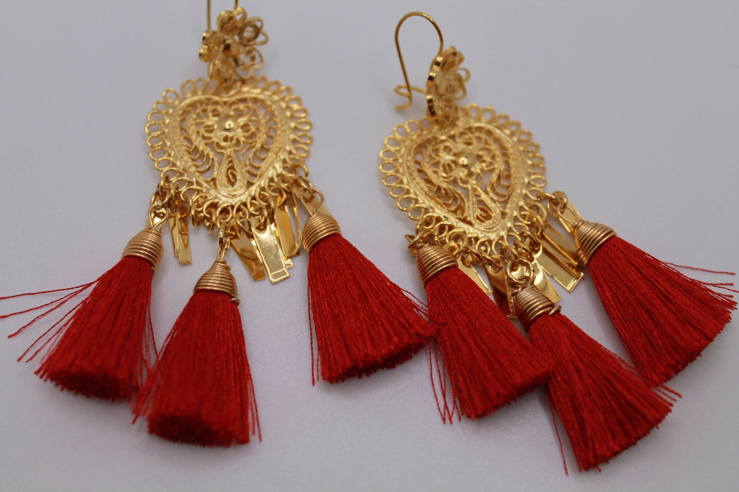 Handmade Earrings Filigree and Red Tassels