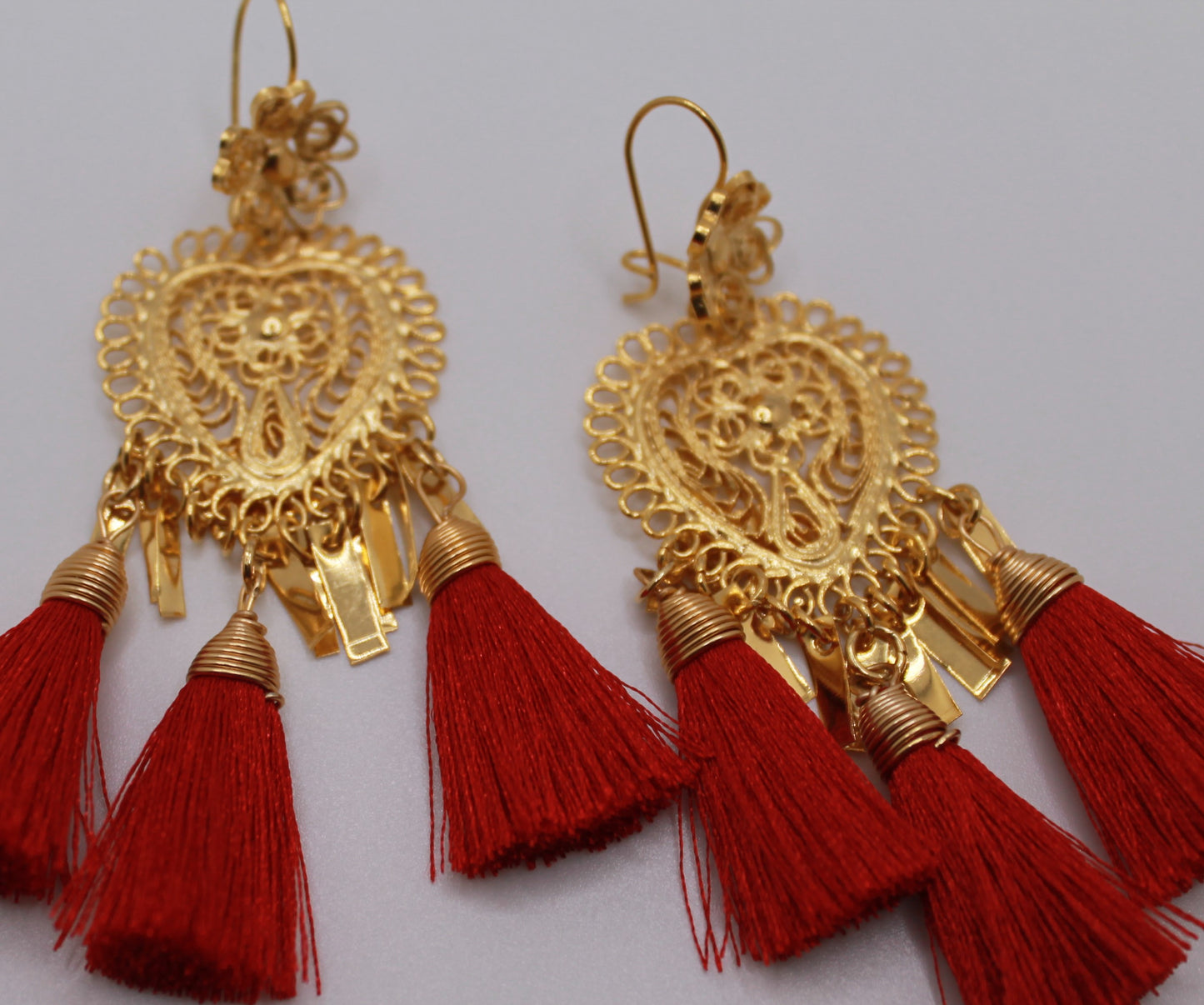 Handmade Earrings Filigree and Red Tassels