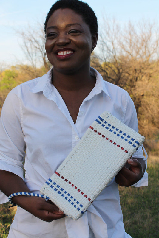 White Woven Striped Clutch