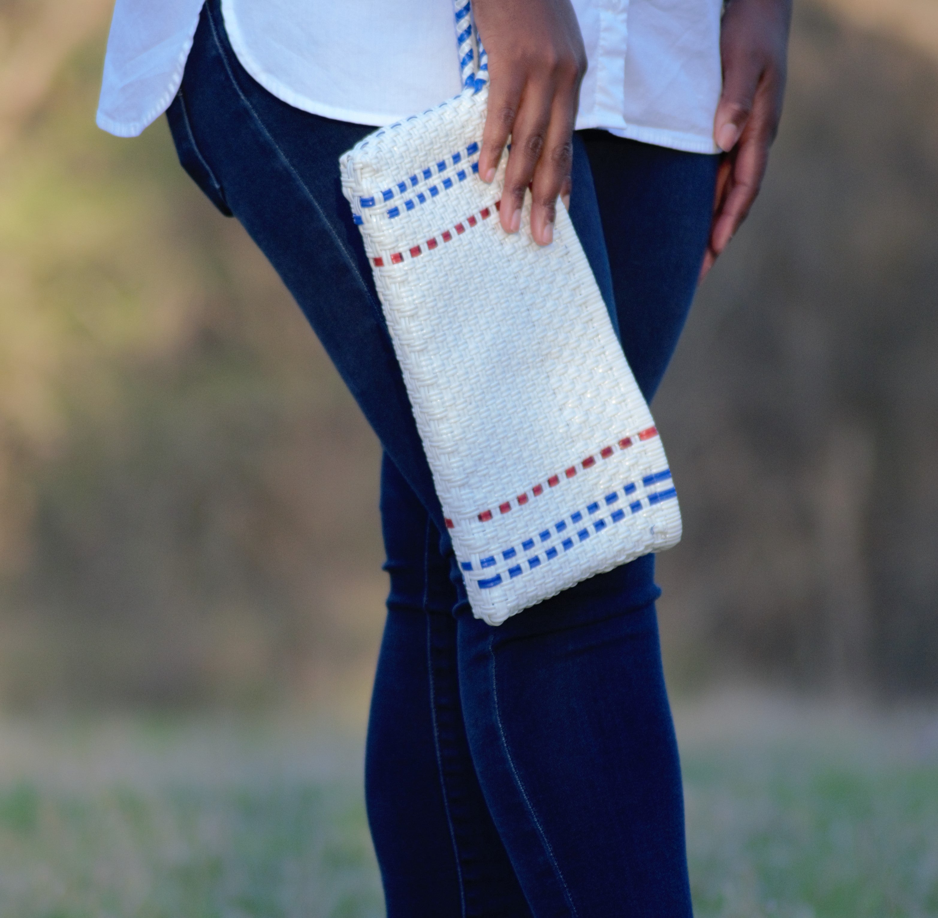 White Woven Striped Clutch