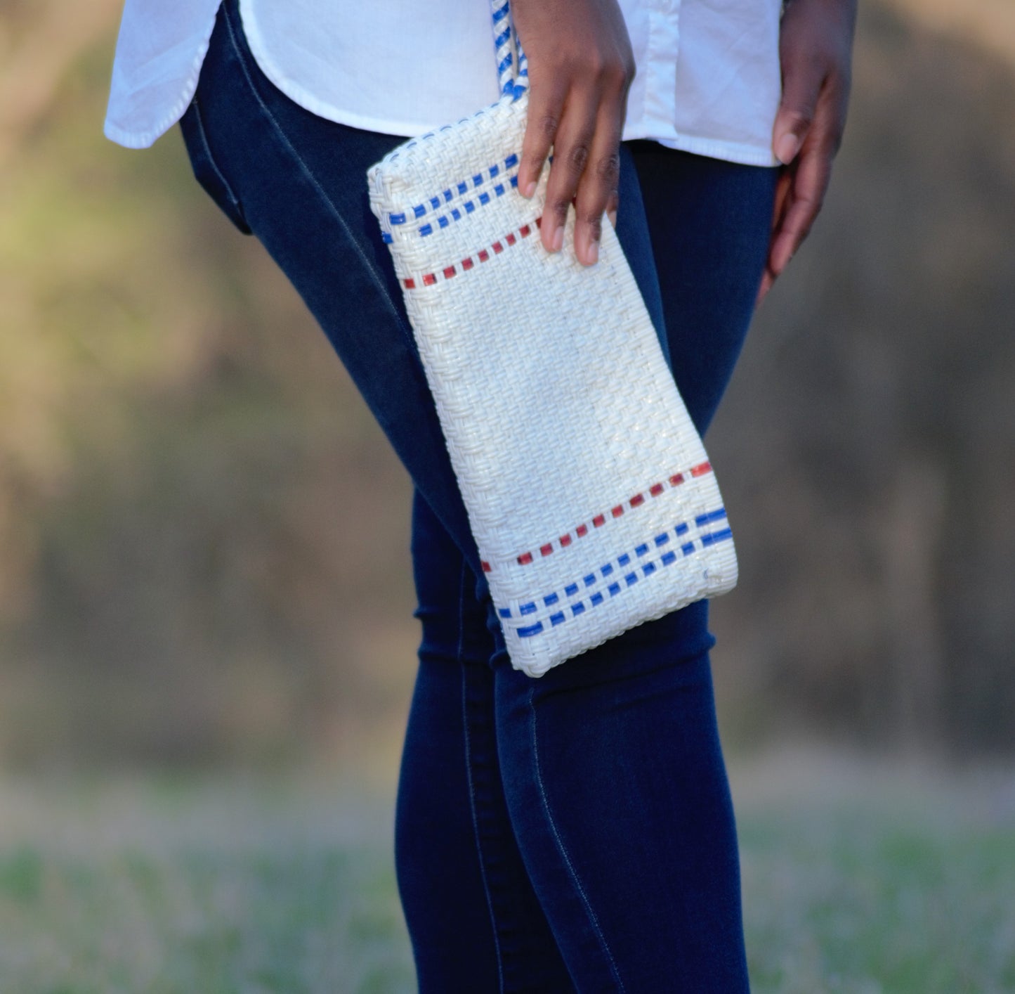 White Woven Striped Clutch