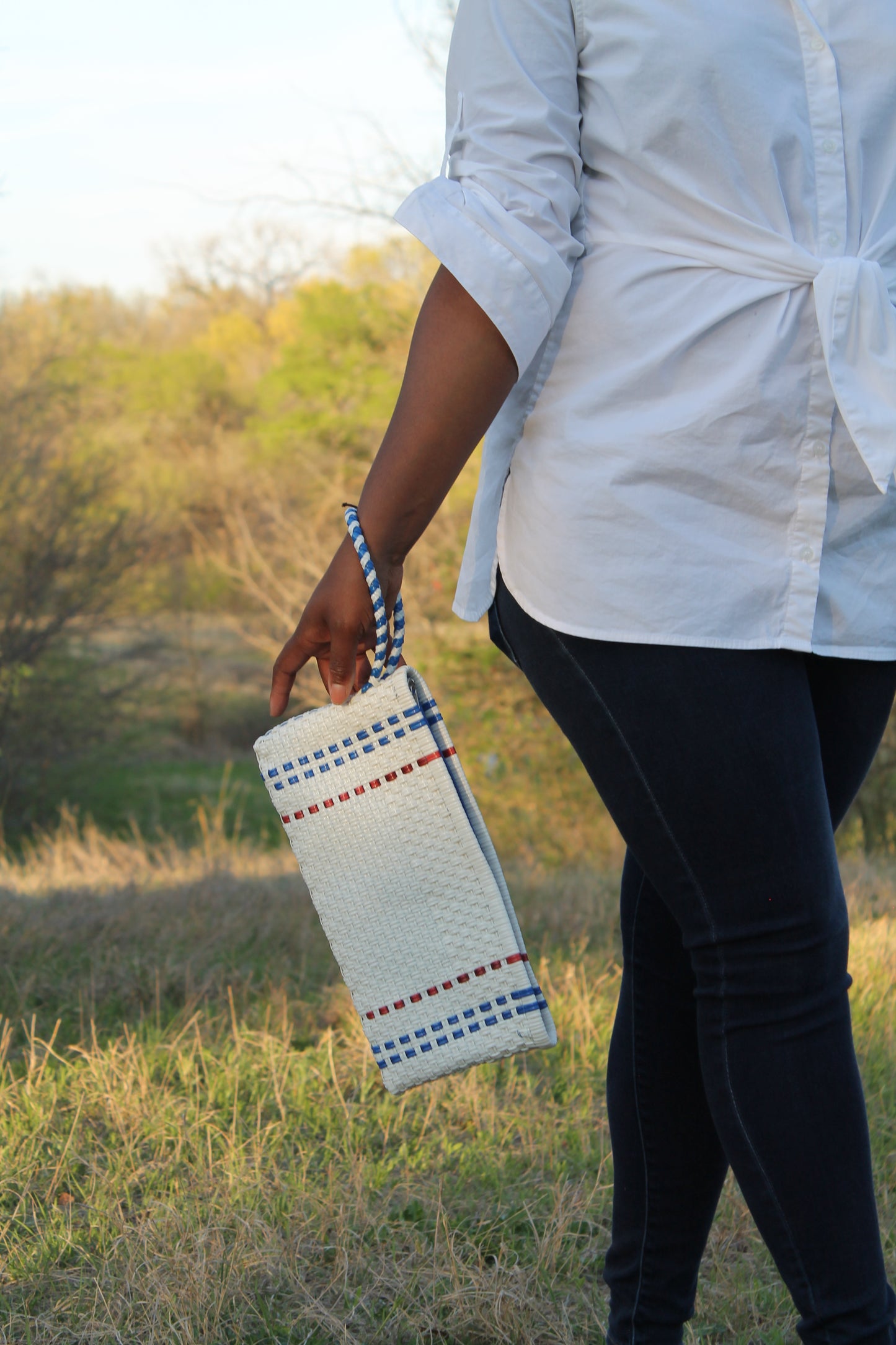 White Woven Striped Clutch