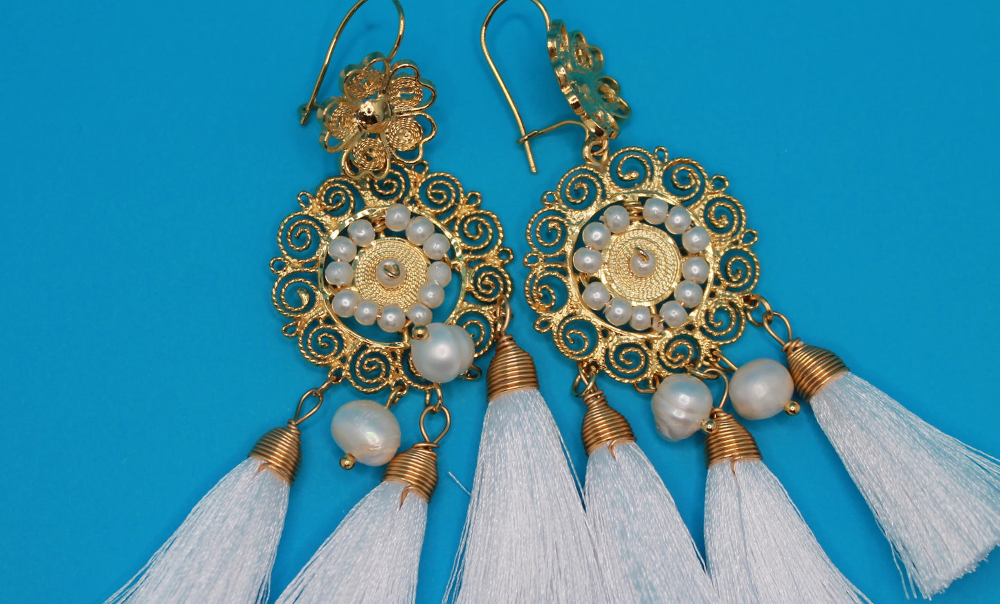 White Tassel Filigree Earrings