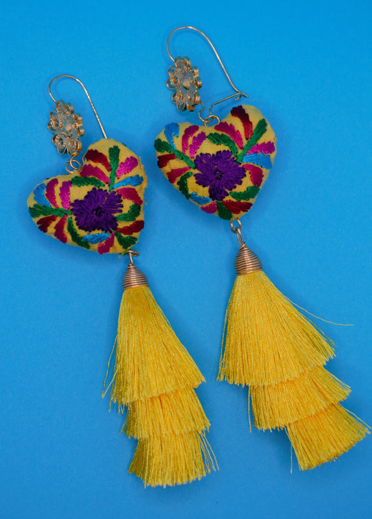 Yellow Embroidered Heart Earrings