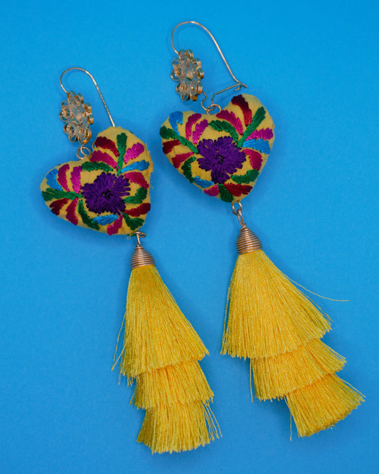 Yellow Embroidered Heart Earrings