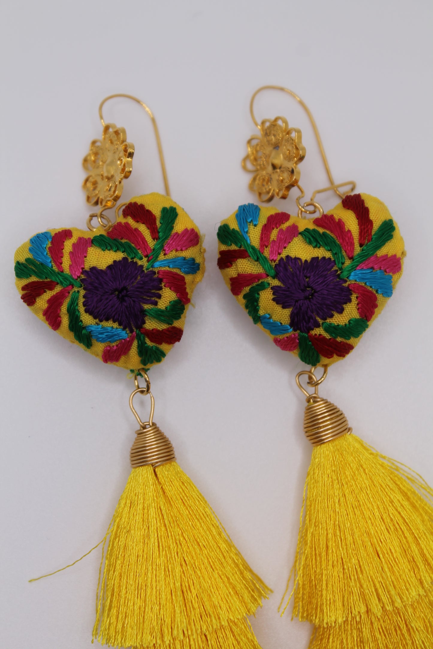 Yellow Embroidered Heart Earrings